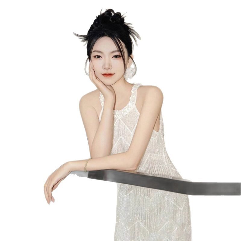 Silver form-fitting shimmering gown....
