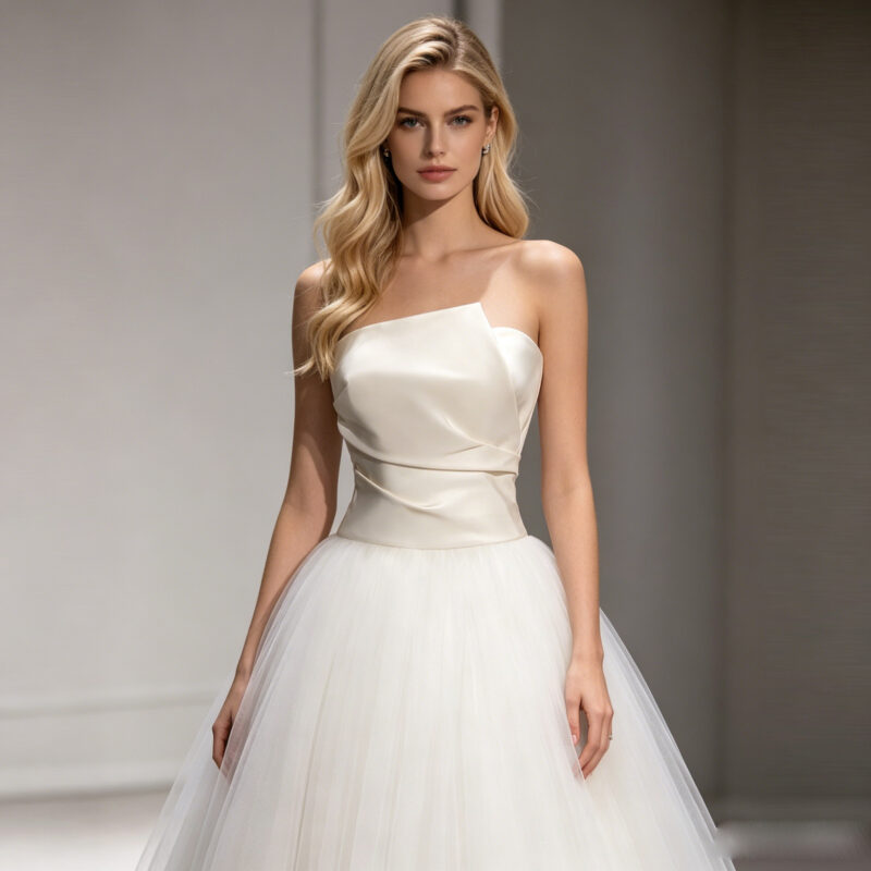 Minimalist strapless tulle wedding dress