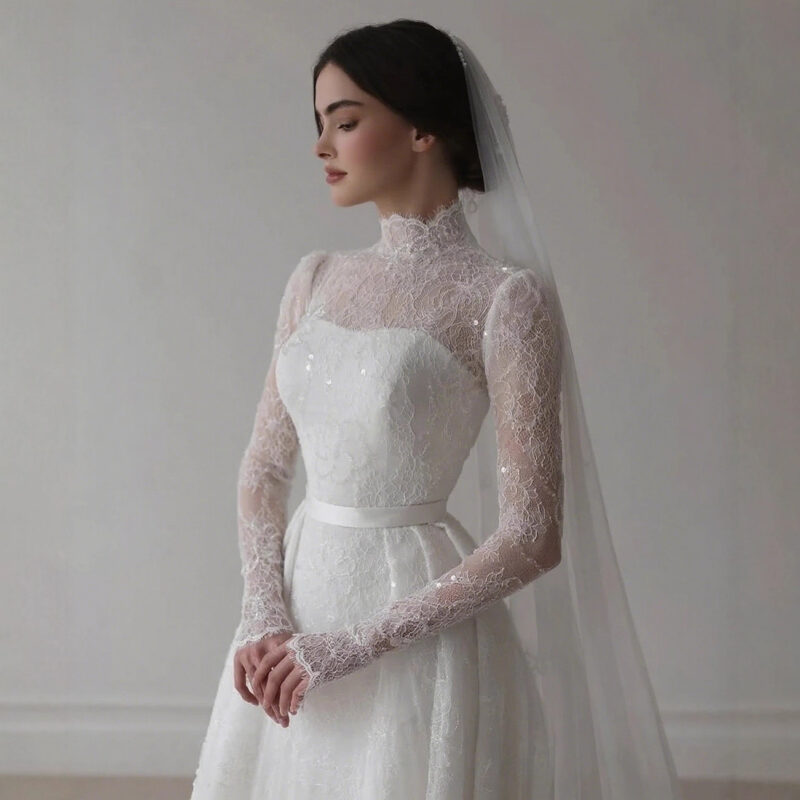 Long-sleeved lace wedding dress with a high neck wedding dress