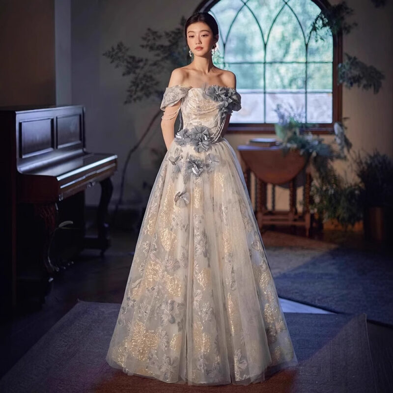 Off-shoulder vintage ethereal gown,evening dress