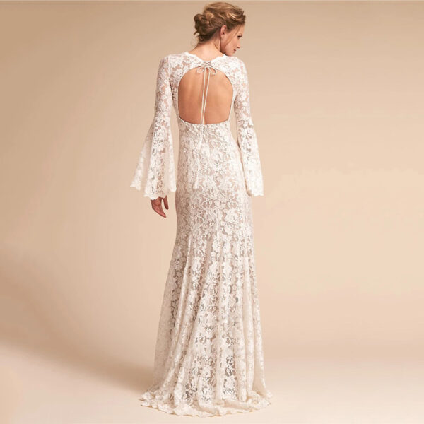 Lace open-back gown with flared sleeves,evening dress