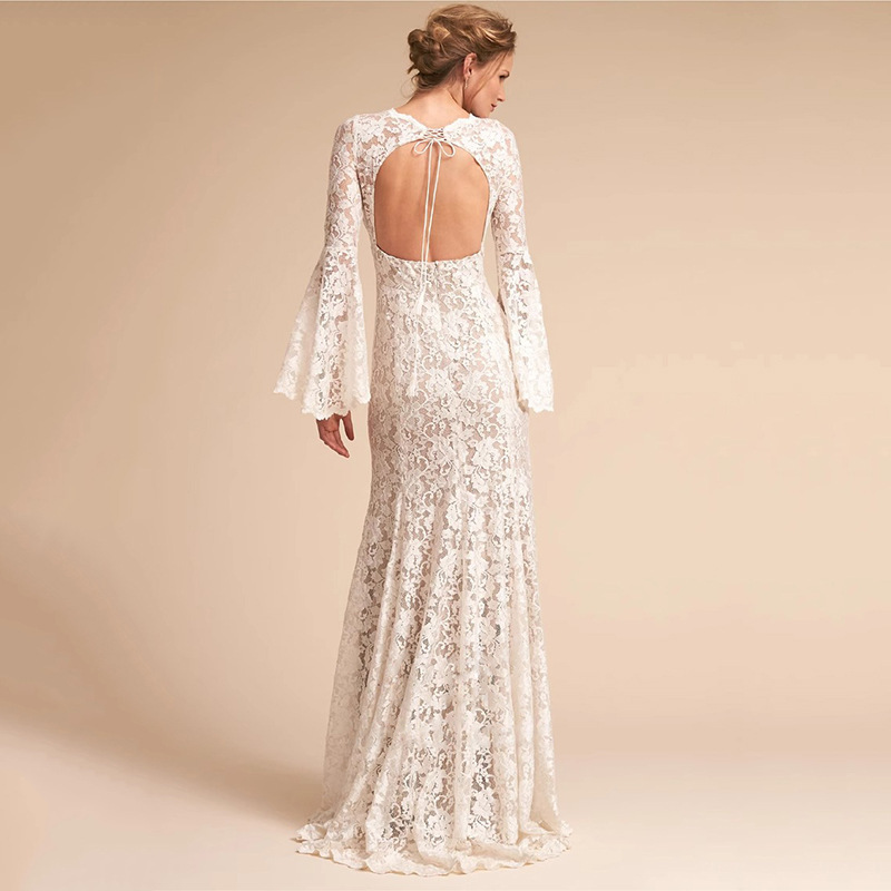 Lace open-back gown with flared sleeves,evening dress