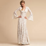 Lace open-back gown with flared sleeves,evening dress