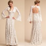 Lace open-back gown with flared sleeves,evening dress