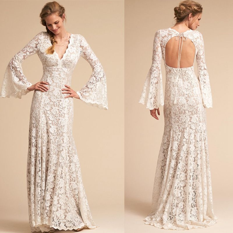 Lace open-back gown with flared sleeves，evening dress