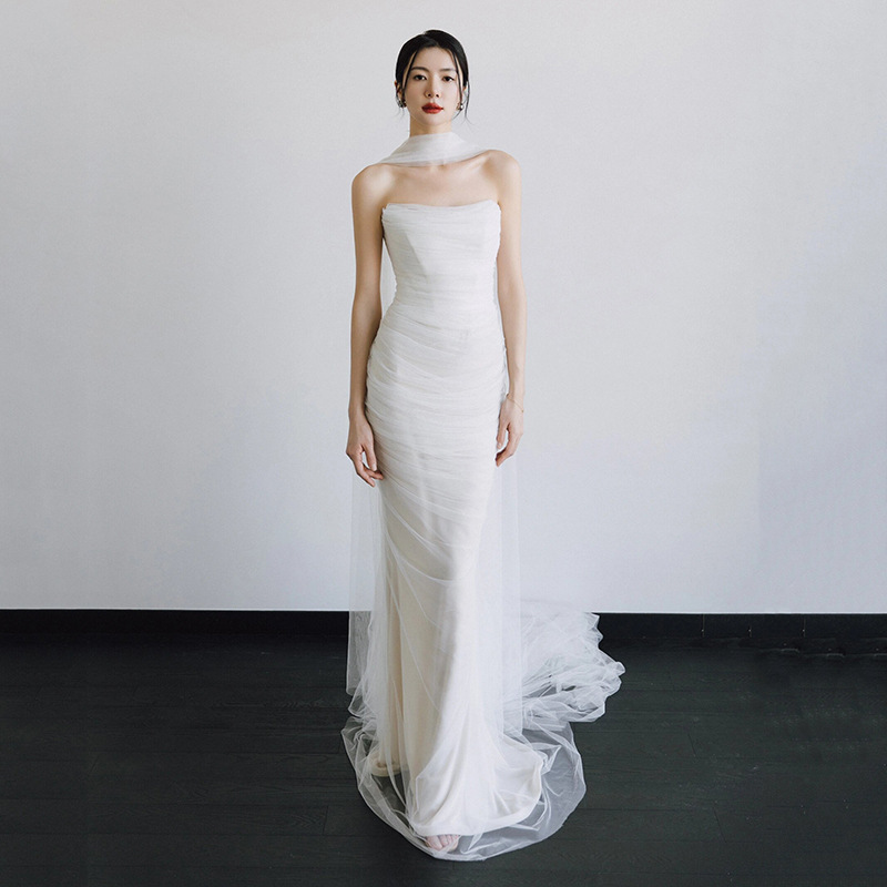 French-style strapless sheer tulle wedding dress