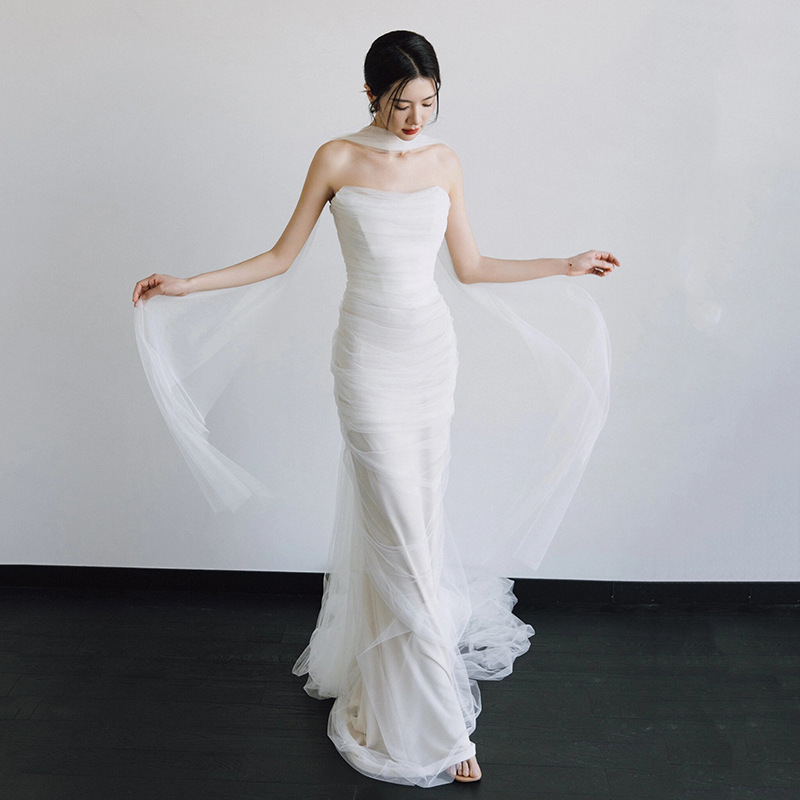 French-style strapless sheer tulle wedding dress