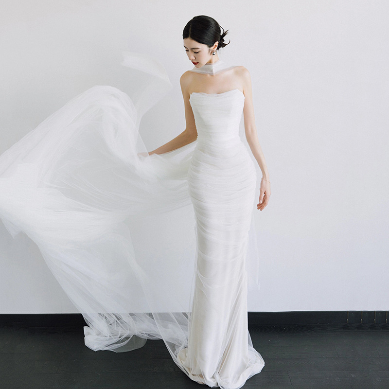 French-style strapless sheer tulle wedding dress