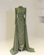 Full-coverage satin long-sleeve formal dress