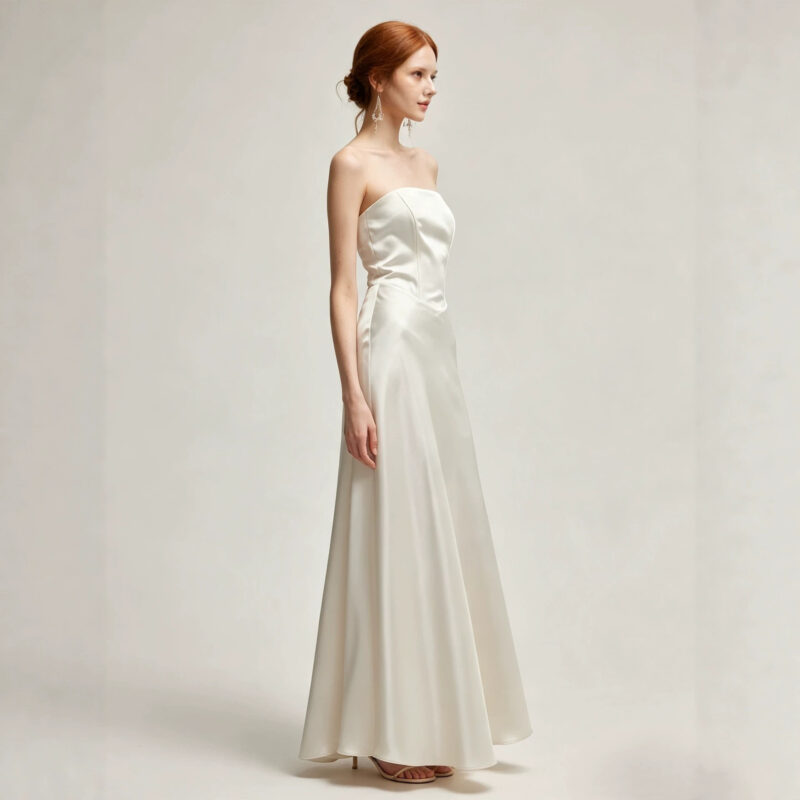 French-style satin strapless bodice formal dress