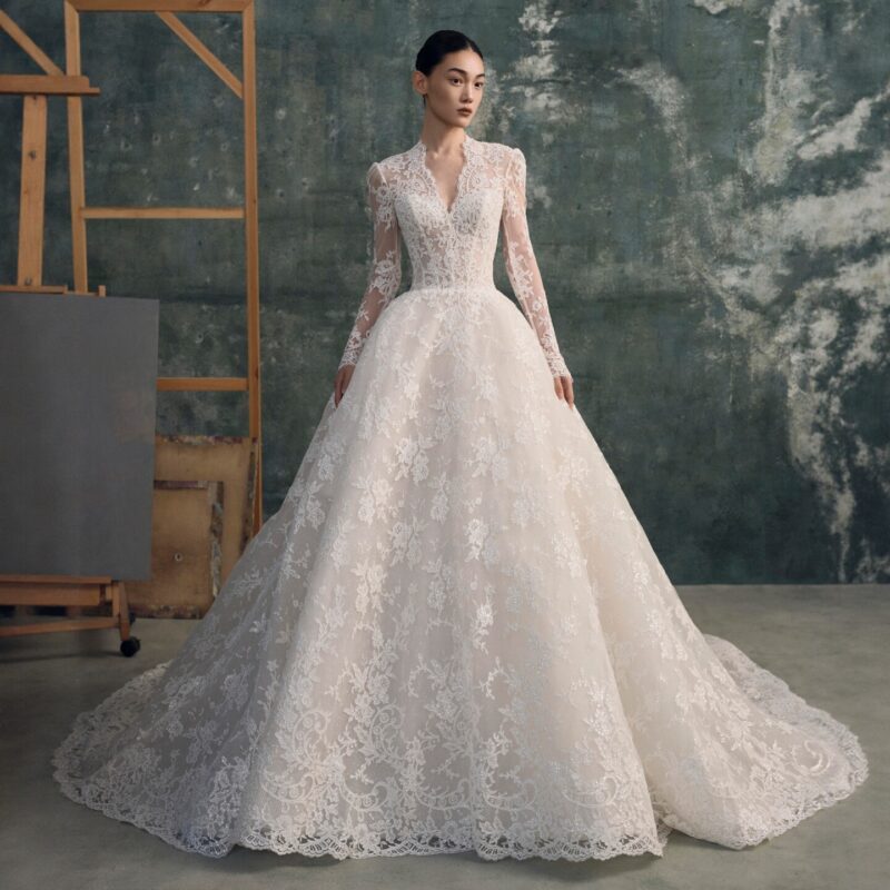 Long-sleeved V-neck with a train wedding dress
