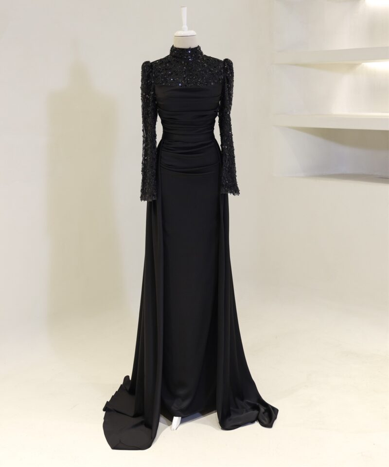 Full-coverage satin long-sleeve formal dress