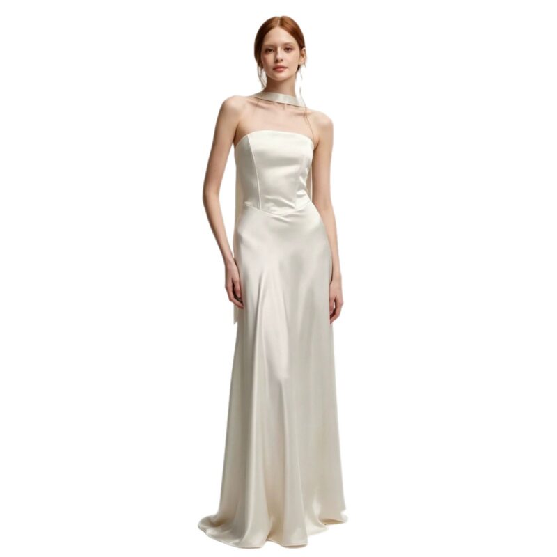 French-style satin strapless bodice formal dress