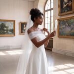 White off-the-shoulder casual wedding dress