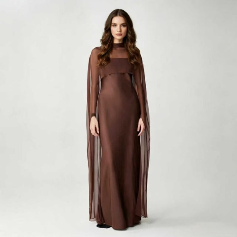 Brown shawl-collar gown evening dress