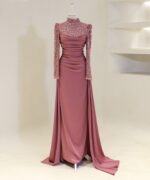 Full-coverage satin long-sleeve formal dress