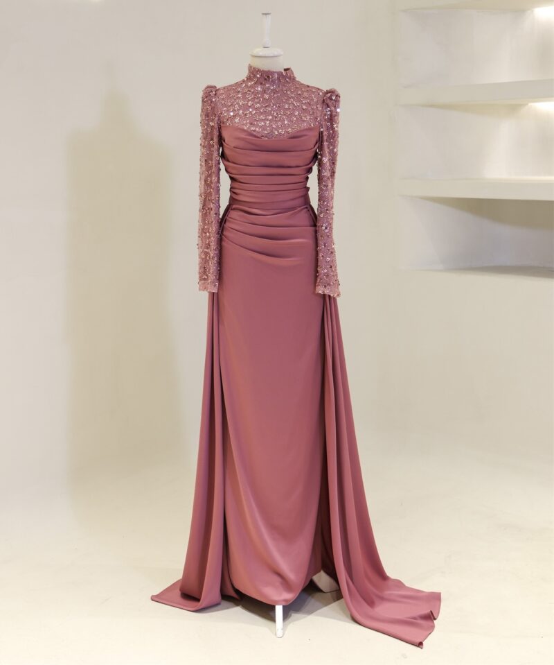 Full-coverage satin long-sleeve formal dress