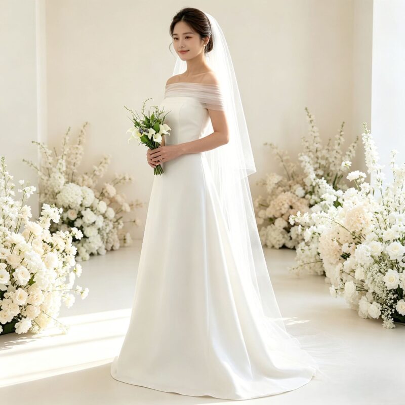 White off-the-shoulder casual wedding dress