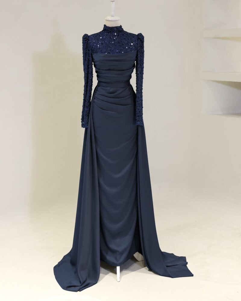 Full-coverage satin long-sleeve formal dress