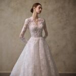 Long-sleeved V-neck with a train wedding dress
