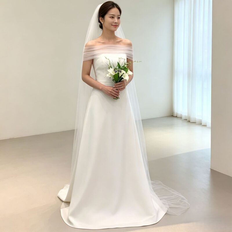 White off-the-shoulder casual wedding dress