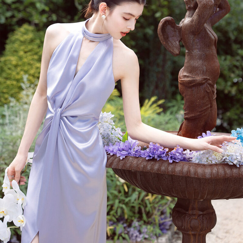 French-style open-back halter dress formal dress