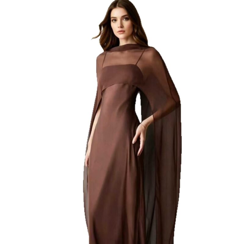 Brown shawl-collar gown evening dress