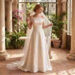 White off-the-shoulder casual wedding dress