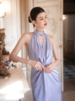 French-style open-back halter dress formal dress