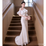 Elegant French-style white fishtail gown.