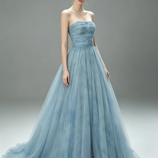 French-style princess-inspired strapless evening gown