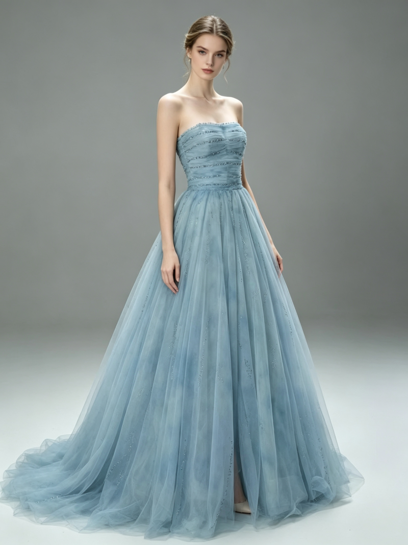 French-style princess-inspired strapless evening gown