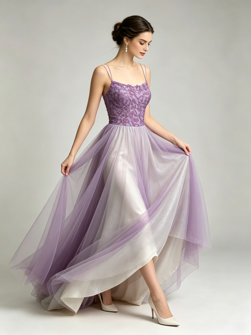 Fluffy, sheer-tulle camisole style formal dress