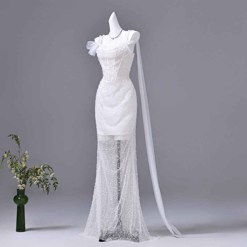 Stylish white camisole dress with pearl details Evening Dress