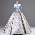 Off-shoulder color-block printed dress with a full skirt Evening Dress