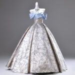 Off-shoulder color-block printed dress with a full skirt Evening Dress