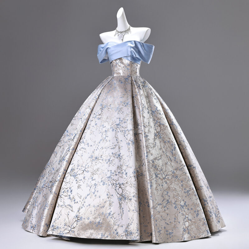 Off-shoulder color-block printed dress with a full skirt Evening Dress