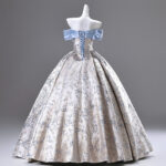 Off-shoulder color-block printed dress with a full skirt Evening Dress