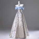 Off-shoulder color-block printed dress with a full skirt Evening Dress