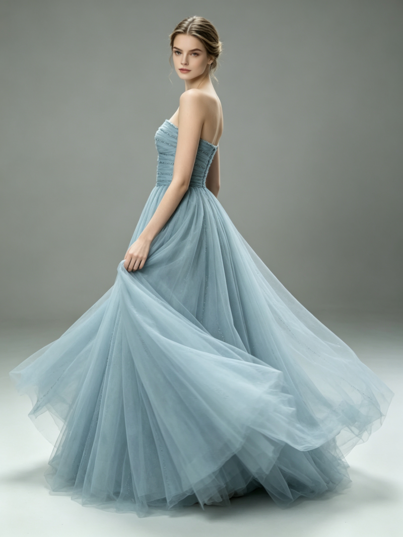 French-style princess-inspired strapless evening gown