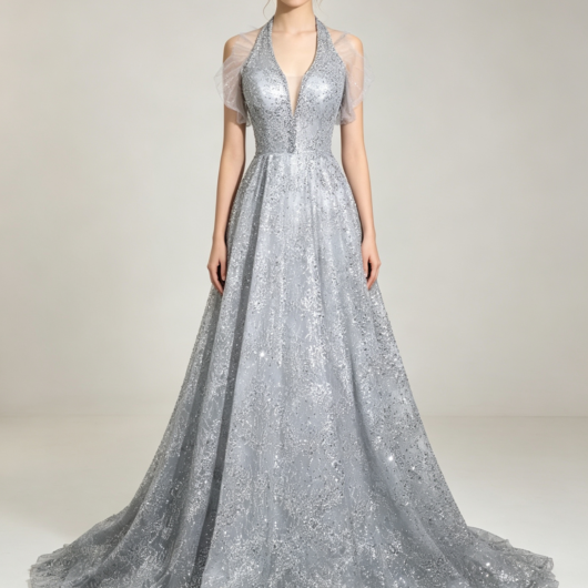 High-end heavy-texture halter-neck V-neck dress