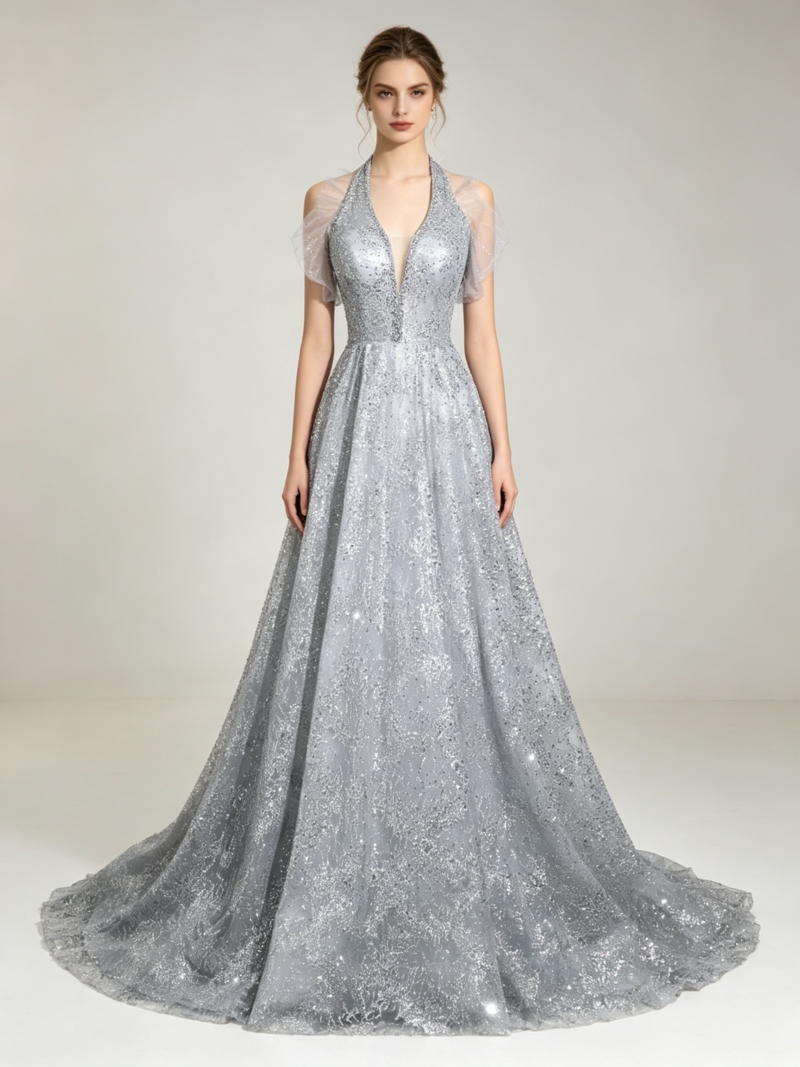 High-end heavy-texture halter-neck V-neck dress