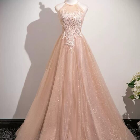 Women's pink halter-neck evening gown