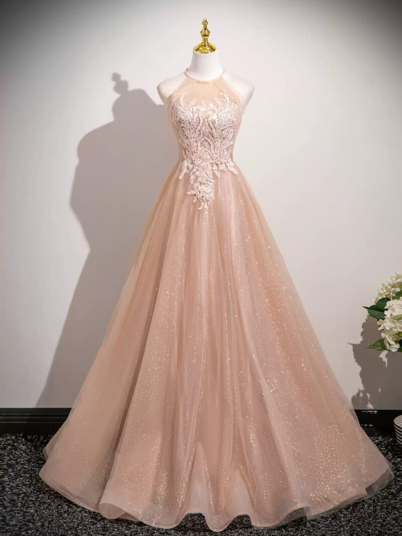 Women's pink halter-neck evening gown