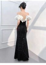 Off-the-shoulder white lace gown