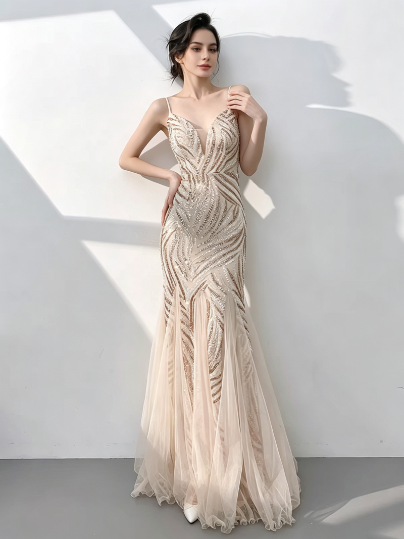 A shimmering, silver, mermaid-style gown