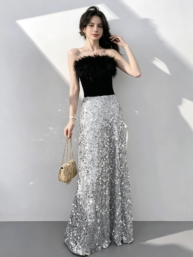Color-block off-the-shoulder gown
