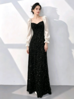 Long-sleeved color-block formal gown