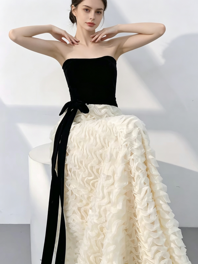 Black and white color-block formal gown