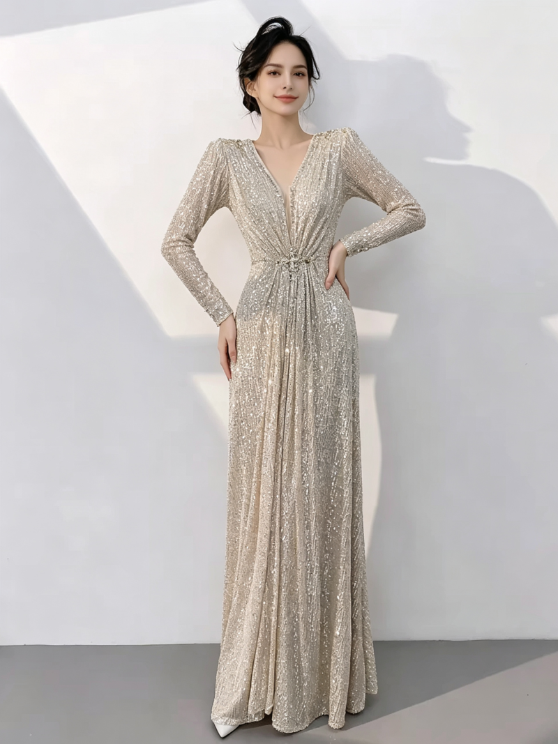 Long-Sleeve Shimmering Fashion Gown